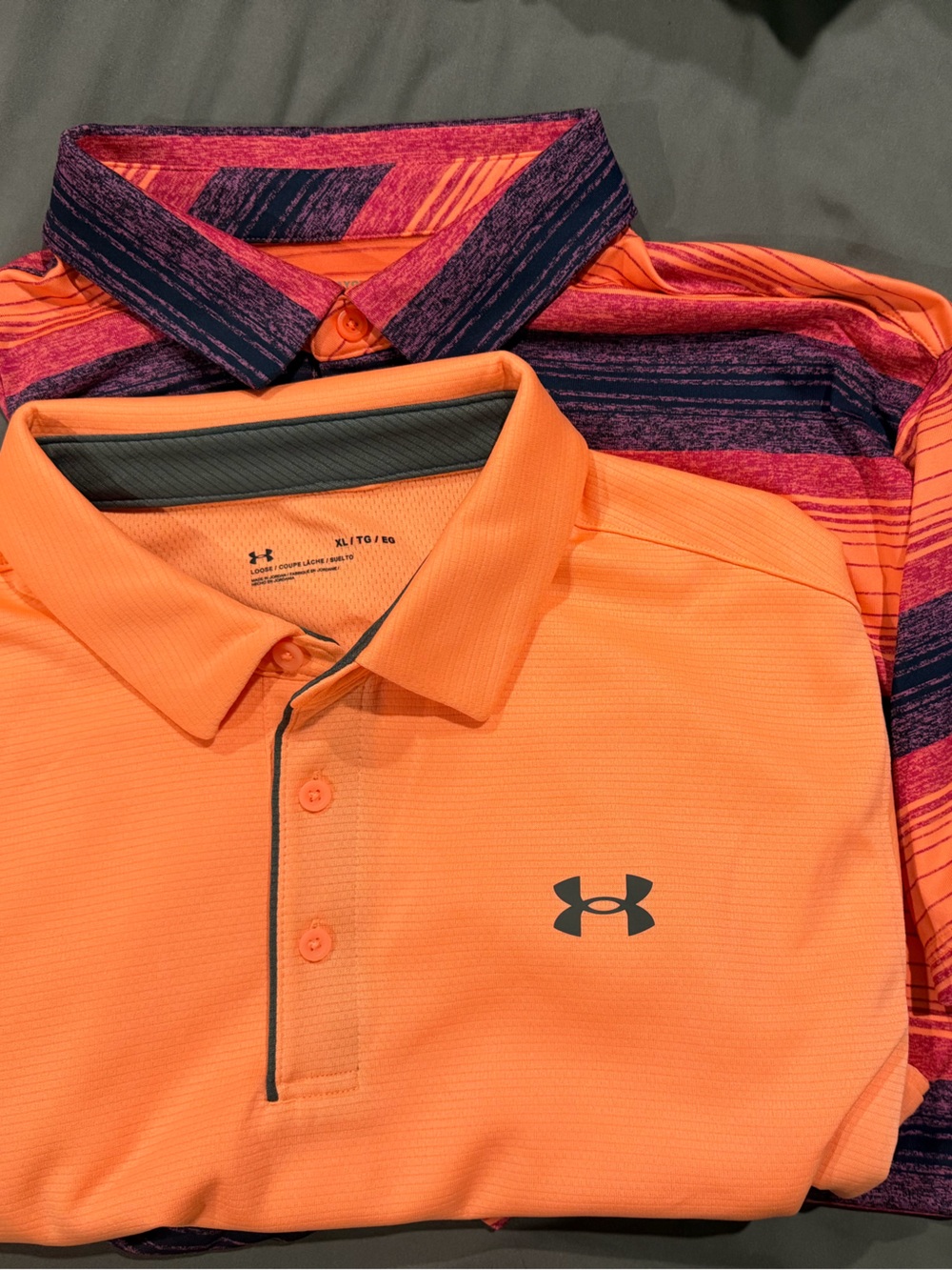 Two Under Armour Men’s Orange/Peach/Purple Performance Polos Size XL